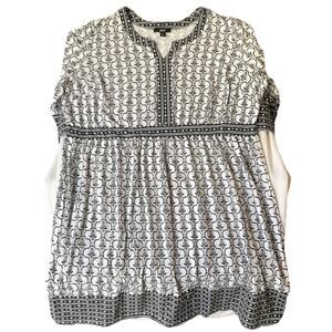 Ellos Women Midi Dress 1X (22/24) Black Floral A-Line 3/4 Sleeve V-neck Stretch